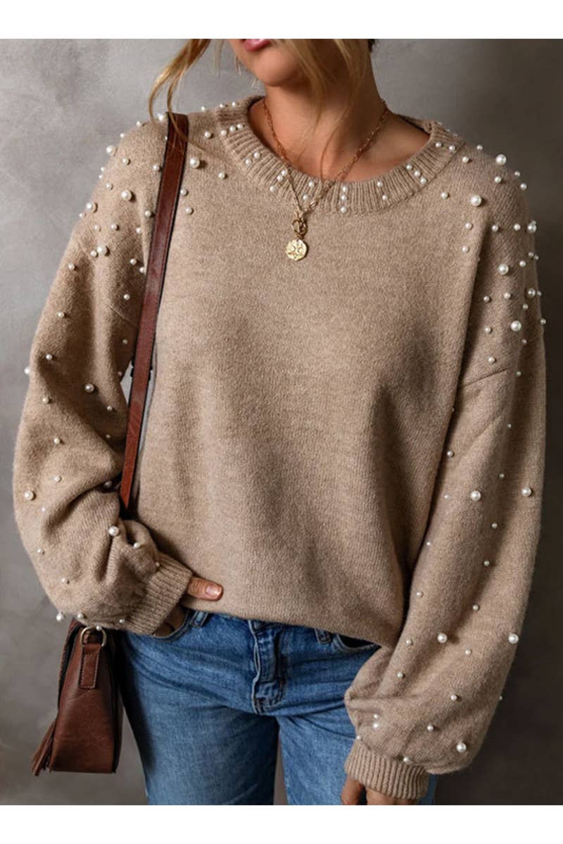 Pearl Beaded Crew Neck Sweater