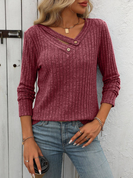 Ribbed Knit V Neck Button Detail Long Sleeve Top G5-TP8083: Black / S