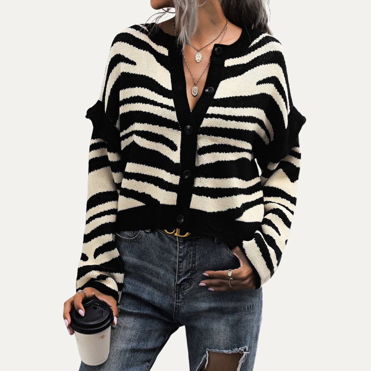 Super Fashion Zebra Pattern Button-Up Cardigan Sweater: Zebra Print / S