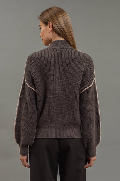 COLORBLOCK MOCK NECK EXPOSED SEAM KNIT SWEATER: IVORY