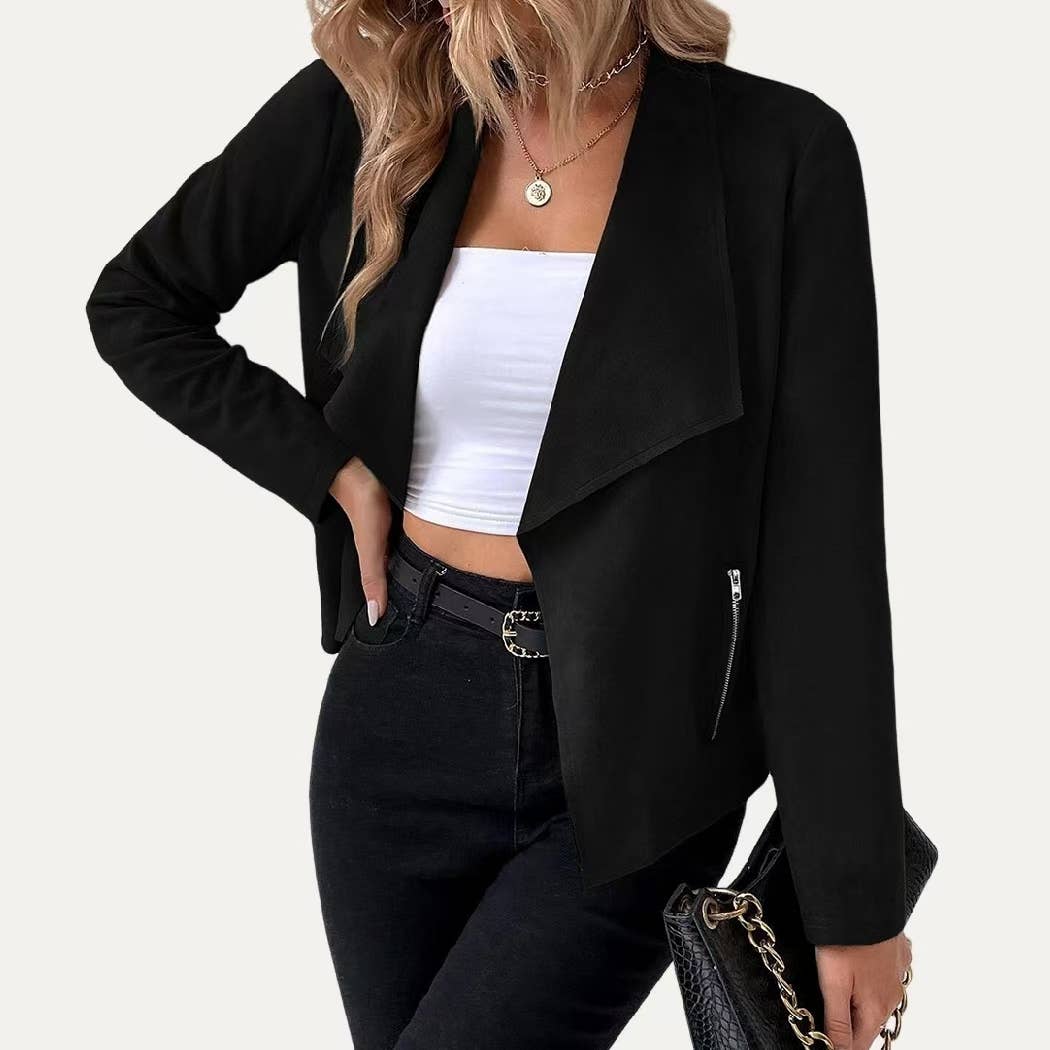 Stylish Collared Vegan Suede Long Sleeve Jacket: Black / S