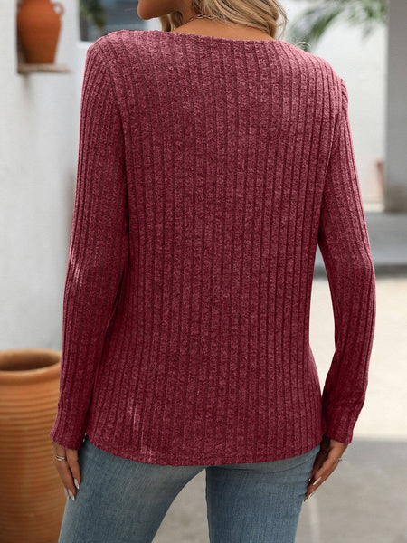 Ribbed Knit V Neck Button Detail Long Sleeve Top G5-TP8083: Black / S