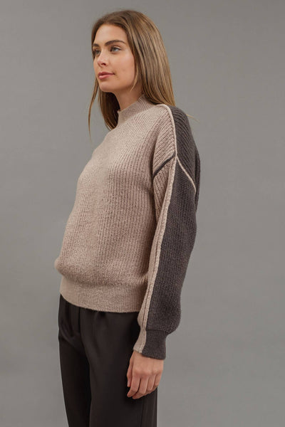 COLORBLOCK MOCK NECK EXPOSED SEAM KNIT SWEATER: IVORY