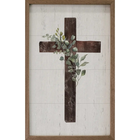 Cross With Greenery Whitewash: 10 x 16 x 1.5