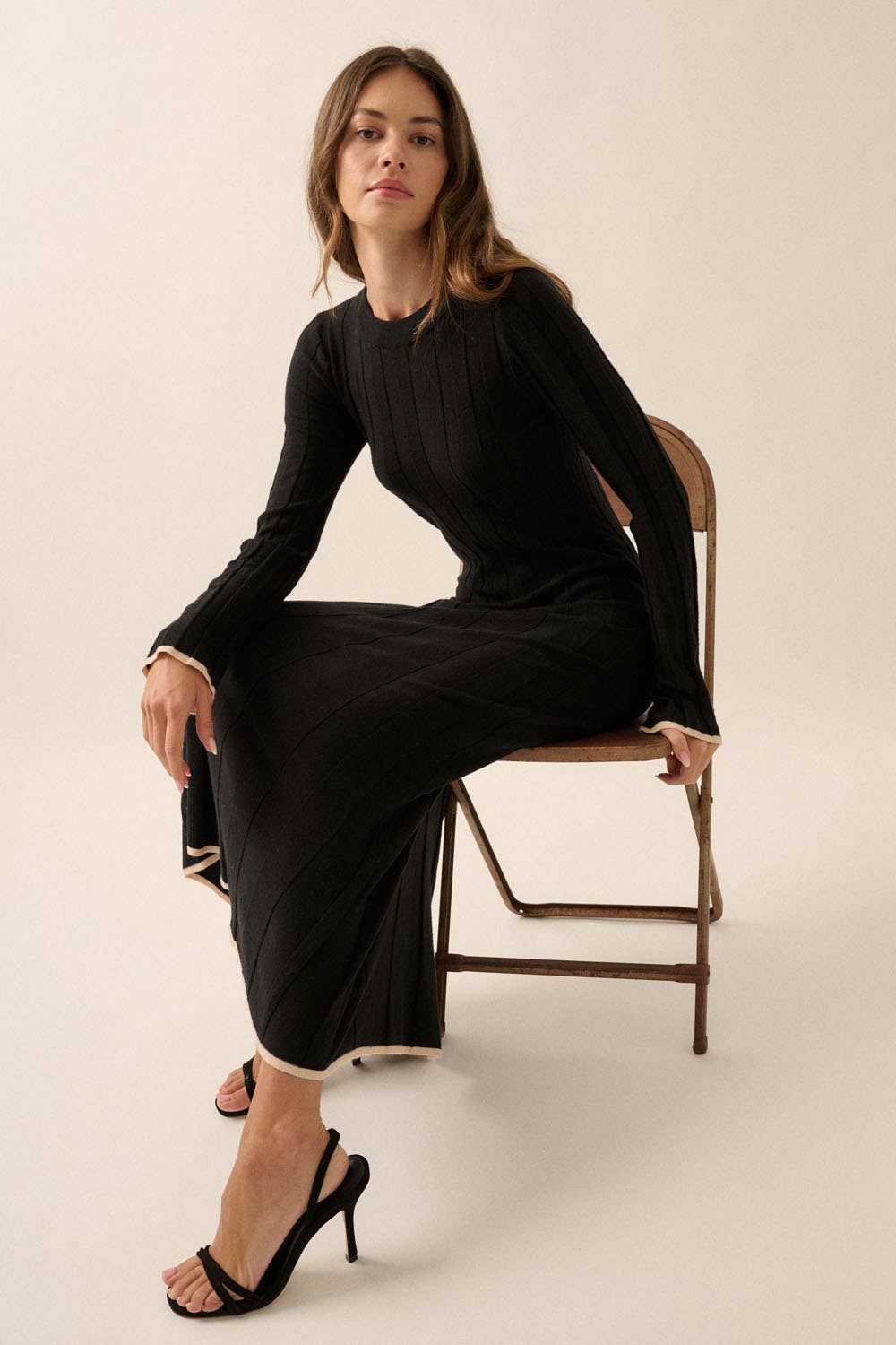 Solid Ribbed Knit Maxi Sweater Dress: Black / L