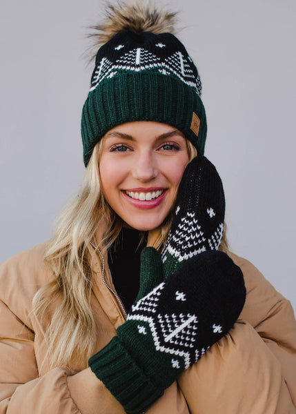 Dk. Green, Black & White Fair Isle Pom Hat