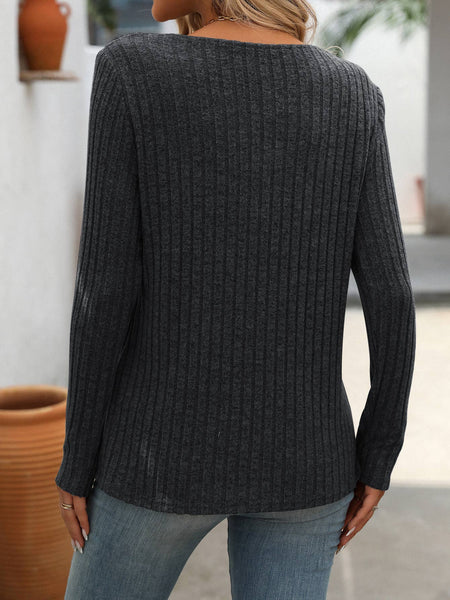 Ribbed Knit V Neck Button Detail Long Sleeve Top G5-TP8083: Black / S