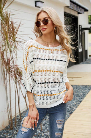 White Striped Hollow Out Knit Top