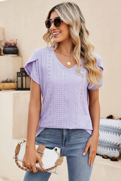 PUNCHING LACE TULIP PUFF V NECK TSHIRTS_CWTTS0500: MAUVE / (M) 1