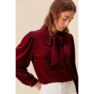 Red Velvet Blouse with Bow Tie