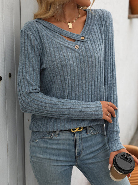 Ribbed Knit V Neck Button Detail Long Sleeve Top G5-TP8083: Black / S