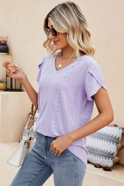 PUNCHING LACE TULIP PUFF V NECK TSHIRTS_CWTTS0500: MAUVE / (M) 1