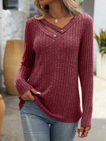 Ribbed Knit V Neck Button Detail Long Sleeve Top G5-TP8083: Black / S
