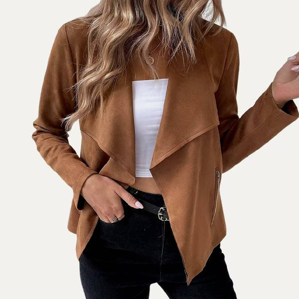 Stylish Collared Vegan Suede Long Sleeve Jacket: Black / S