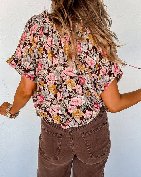 Floral Short Sleeve V-Neck Blouse