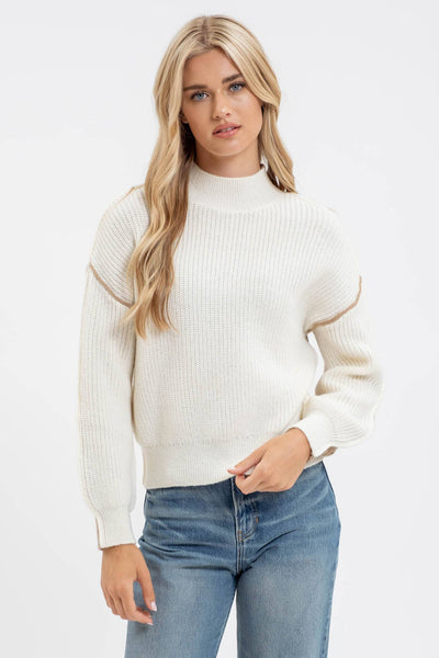 COLORBLOCK MOCK NECK EXPOSED SEAM KNIT SWEATER: IVORY