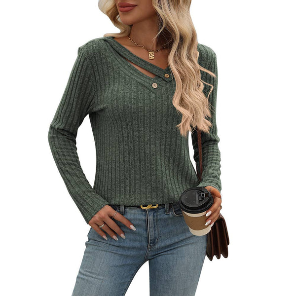 Ribbed Knit V Neck Button Detail Long Sleeve Top G5-TP8083: Black / S