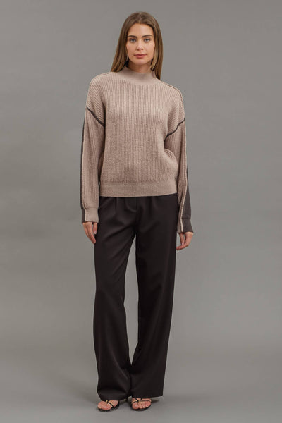 COLORBLOCK MOCK NECK EXPOSED SEAM KNIT SWEATER: IVORY