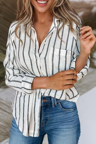 Neck Button Down Stripe Blouse