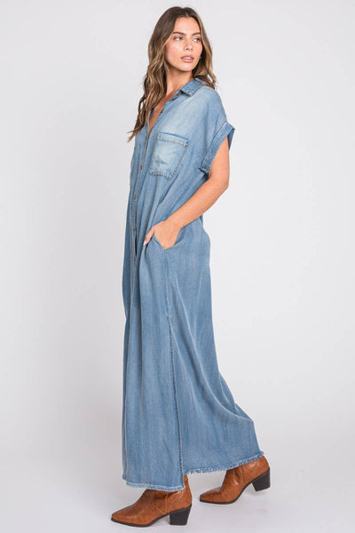 Short Sleeve Maxi Denim Dress