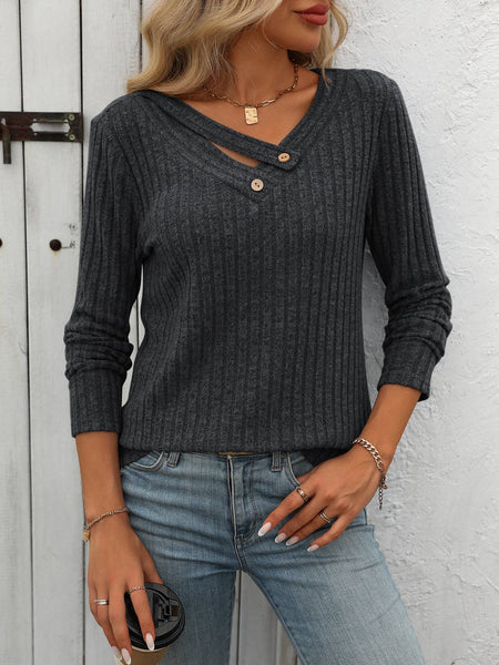 Ribbed Knit V Neck Button Detail Long Sleeve Top G5-TP8083: Black / S