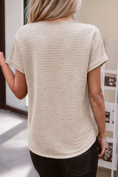 Pale Khaki V Neck Textured Short Sleeve T-Shirt|Multicolor: Missy / M / Pale Khaki