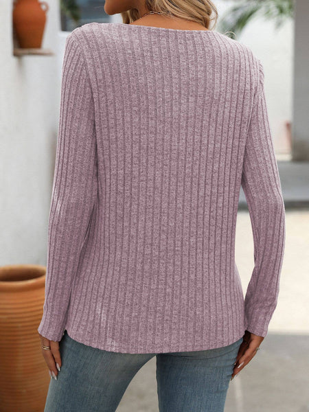 Ribbed Knit V Neck Button Detail Long Sleeve Top G5-TP8083: Black / S