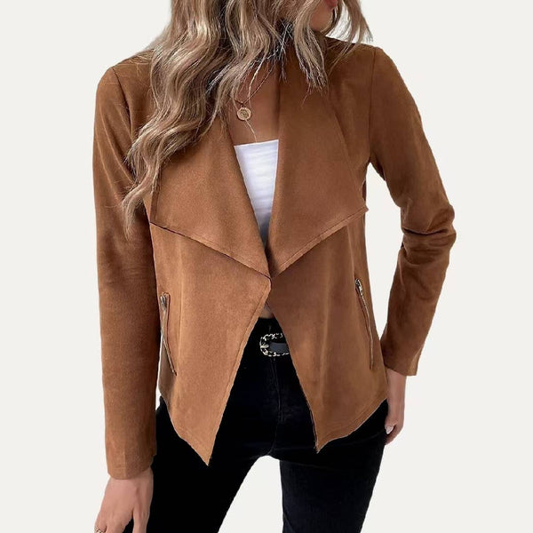 Stylish Collared Vegan Suede Long Sleeve Jacket: Black / S