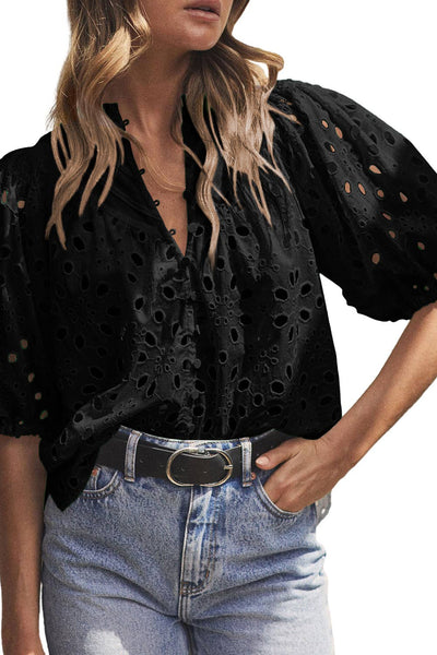 Black Flower Embroidered Blouse