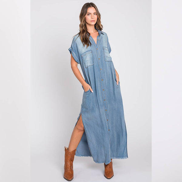 Short Sleeve Maxi Denim Dress