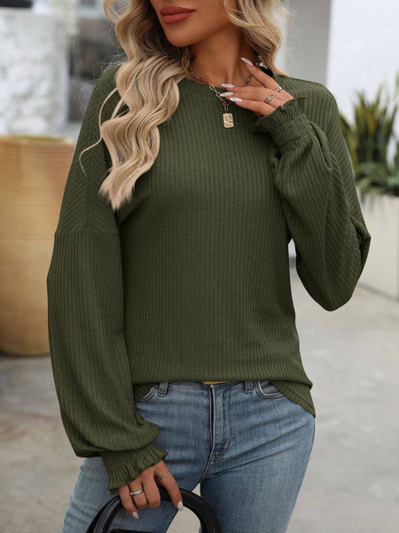 Ribbed Knit Long Sleeve Top G5-TP8084: Olive / M