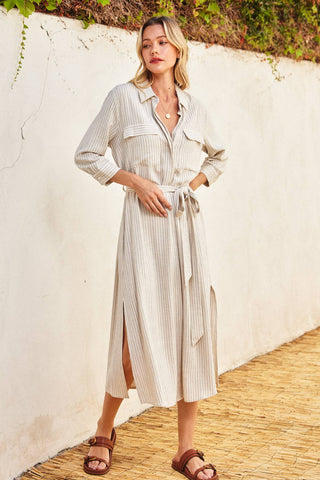 Pinstriped Belted Maxi Shirt Dress