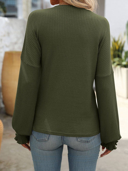 Ribbed Knit Long Sleeve Top G5-TP8084: Olive / XL