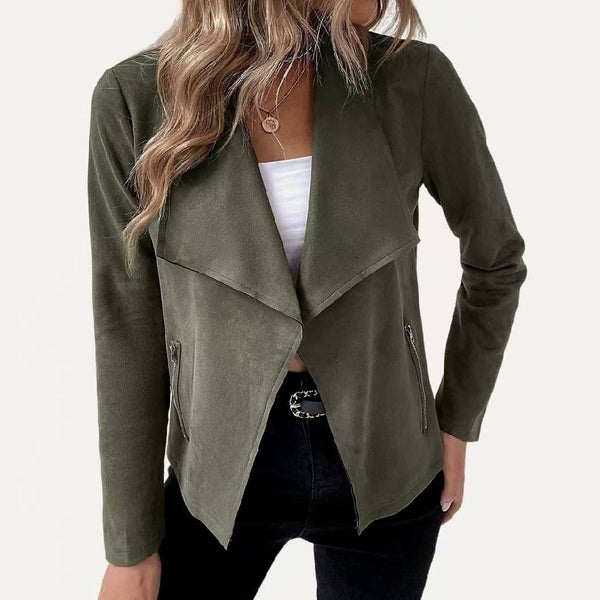 Stylish Collared Vegan Suede Long Sleeve Jacket: Black / S