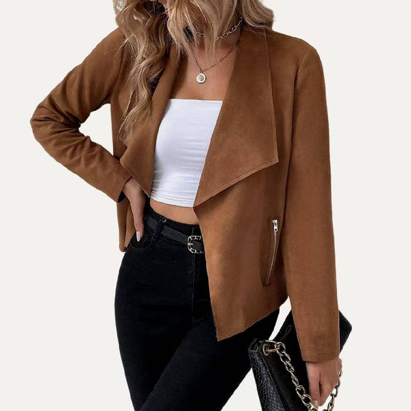 Stylish Collared Vegan Suede Long Sleeve Jacket: Black / S