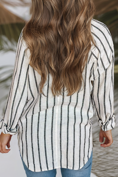 Neck Button Down Stripe Blouse