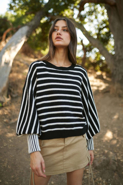 Stripe Puff Sleeve Sweater: Black/White / M