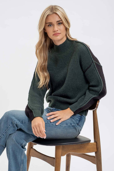 COLORBLOCK MOCK NECK EXPOSED SEAM KNIT SWEATER: IVORY