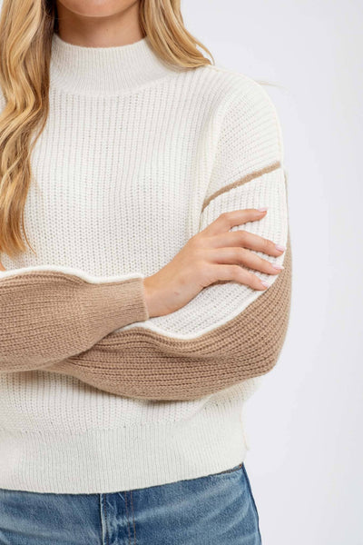 COLORBLOCK MOCK NECK EXPOSED SEAM KNIT SWEATER: IVORY