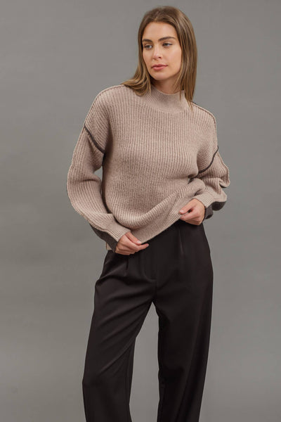 COLORBLOCK MOCK NECK EXPOSED SEAM KNIT SWEATER: IVORY