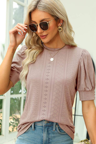 CWTTS0473_HOLLOW HOLE RIBBED SLEEVE CASUAL TOP: MAUVE / (M) 1