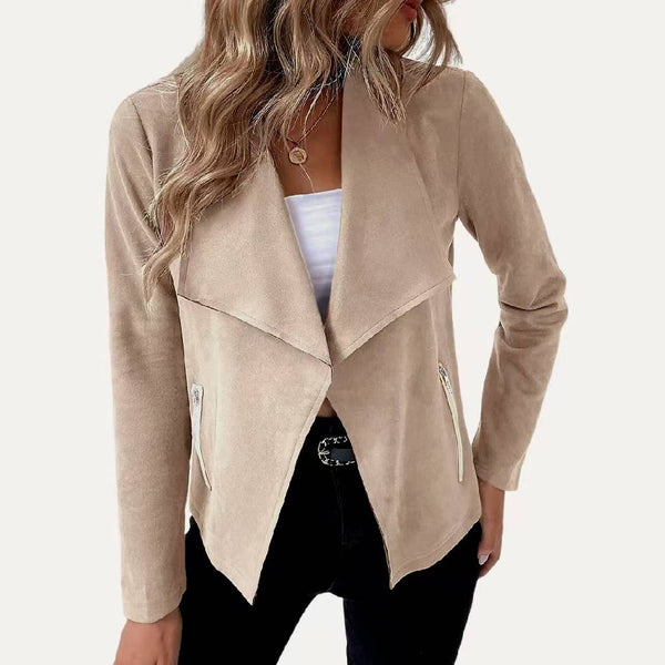 Stylish Collared Vegan Suede Long Sleeve Jacket: Black / S