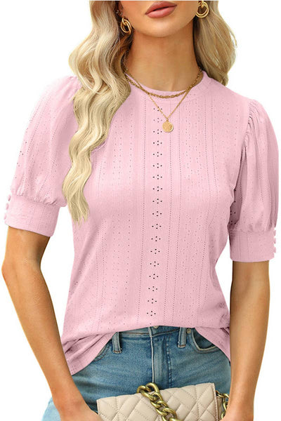 CWTTS0473_HOLLOW HOLE RIBBED SLEEVE CASUAL TOP: MAUVE / (M) 1