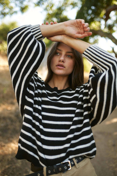 Stripe Puff Sleeve Sweater: Black/White / M