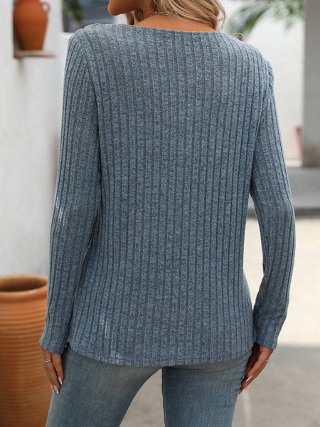 Ribbed Knit V Neck Button Detail Long Sleeve Top G5-TP8083: Black / S