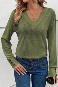 Waffle Buttoned Long Sleeve Top