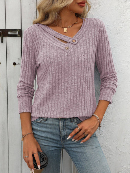 Ribbed Knit V Neck Button Detail Long Sleeve Top G5-TP8083: Black / S