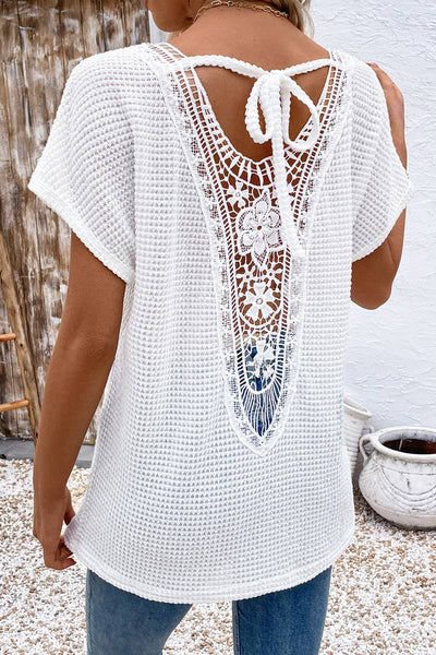 White Hollow Knit Top with Tie Back