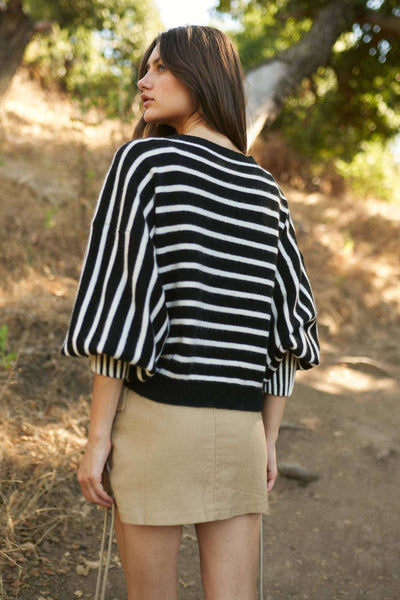 Stripe Puff Sleeve Sweater: Black/White / M