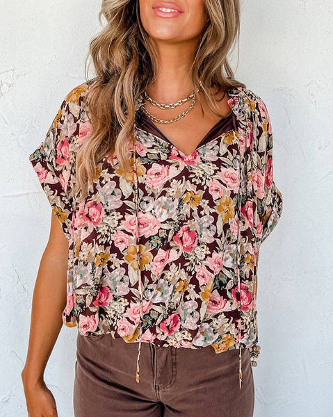 Floral Short Sleeve V-Neck Blouse